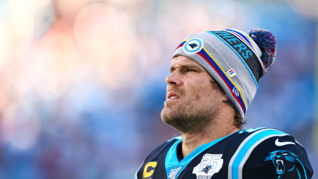 Carolina Panthers tight end Greg Olsen (88) stands on the sidelines during the third quarter during the game against the Washington Redskins at Bank of America Stadium.